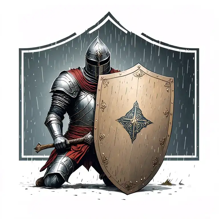 Knight Kneeling In Rain With Shield