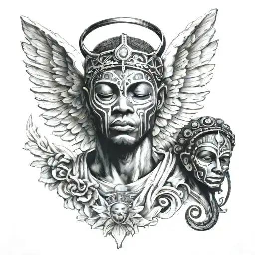 Biblically Accurate Angel Looking Down At A Meditating Man With African Mask On His Head