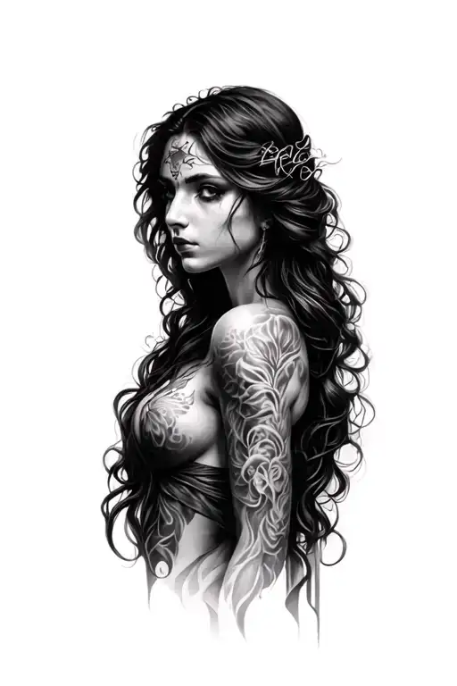 Lilith Looking Left Black And Grey Tattoo Design
