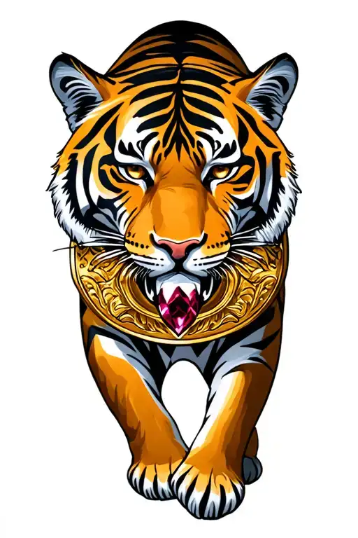 Tiger With A Gold Chest Hunting Plate With A Large Ruby On It Ready For Battle