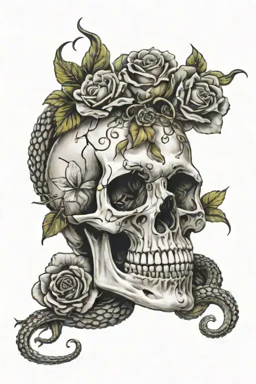 Skull With Rotting Snake And Rotting Flowers