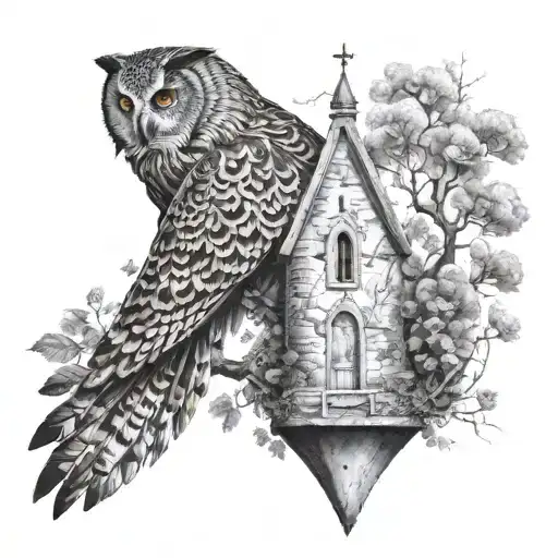 Mother Owl Nested In A Bell Tower Irish Castle Surrounded By Trees And Water