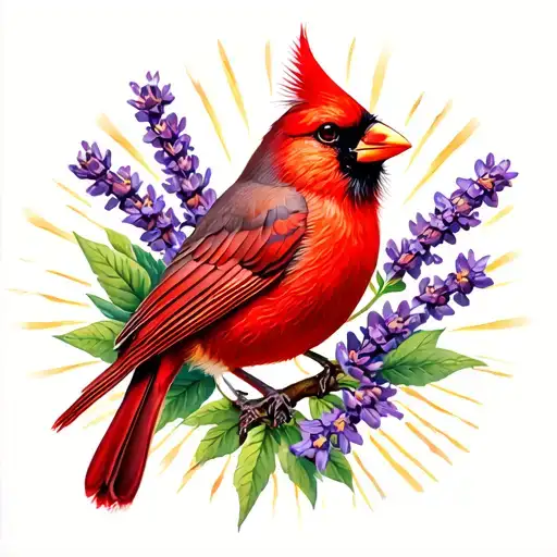 Lavender Flowers Sun Rays Red Cardinal