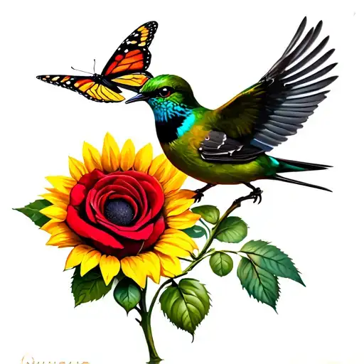Hummbing Bird Flying With Butterfly On Top Of Red Rose And Sunflower Stem Has Ocampo Last Name On It