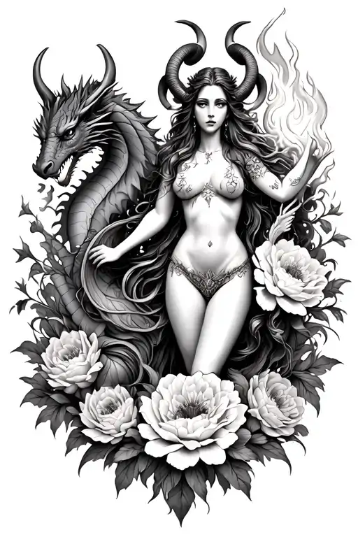 Aries Sexy Goddess Surrounded By Poeny Flowers And Dragons Holding Fire