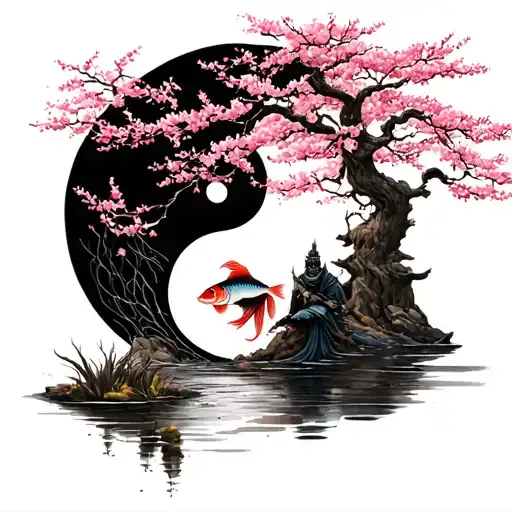 Bent Under A Japanese Cherry Tree With Arms Above A Warrior With A Small Pond 2Ying Yang With Fish