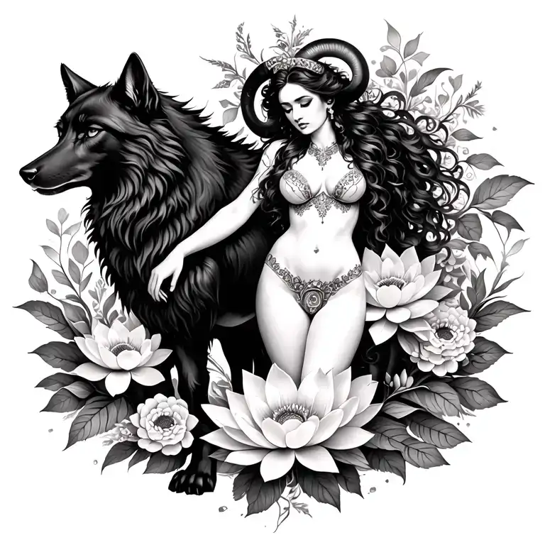 Aries Sexy Goddess Surrounded By Poeny And Lotus Flowers And Black Wolf
