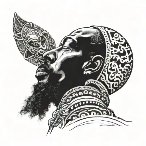 Meditating Man With African Mask On His Face Looking Up To The Sky