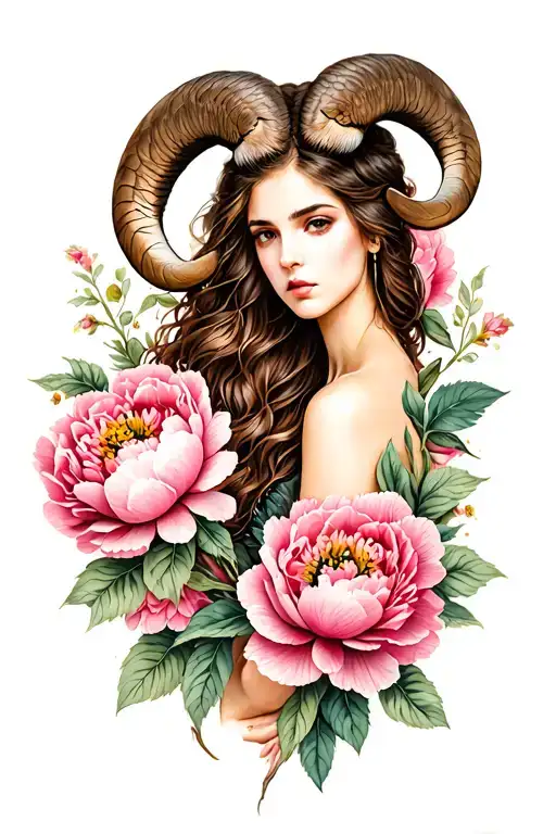 Aries Sexy Goddess Surrounded By Peony Flowers