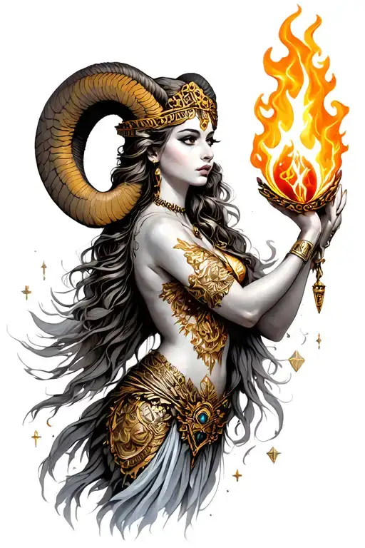 Aries Sexy Goddess In The City Holding Fire With Zodiac Symbols