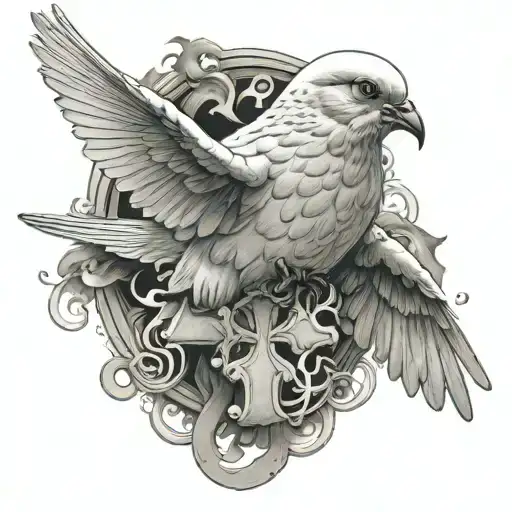 Dove Holding Cross In Mouth With Smoke Smoke Around It