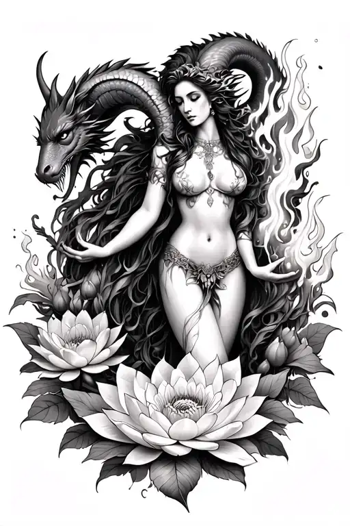 Aries Sexy Goddess Surrounded By Poeny And Lotus Flowers And Dragons Holding Fire