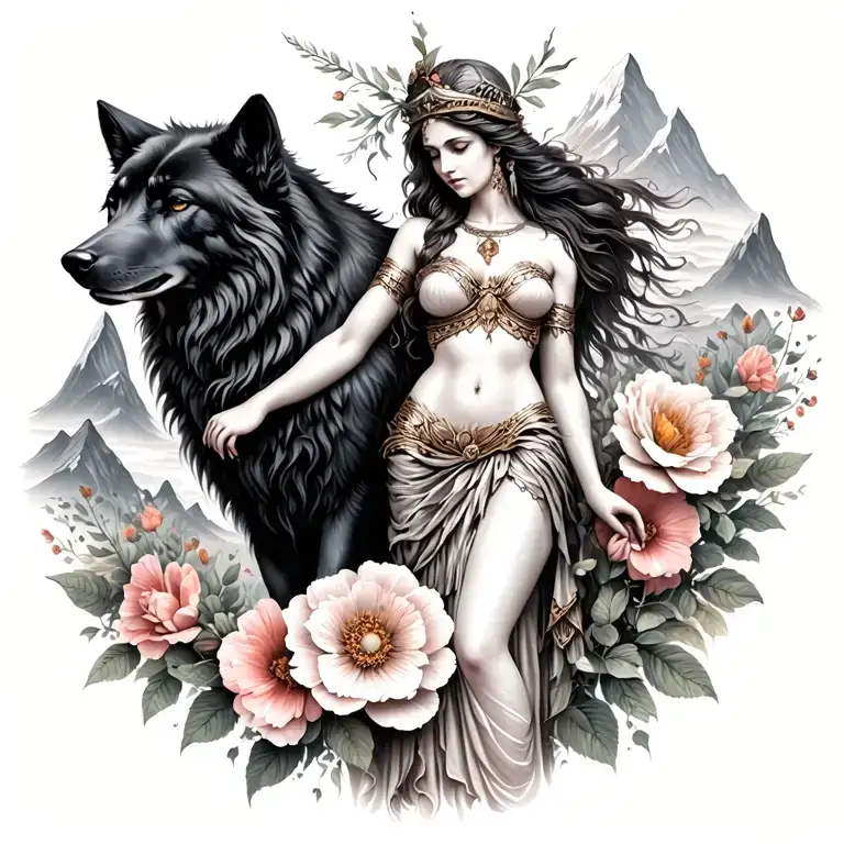 Athena Sexy Goddess Surrounded By Poeny Flowers And Black Wolf With Mountains