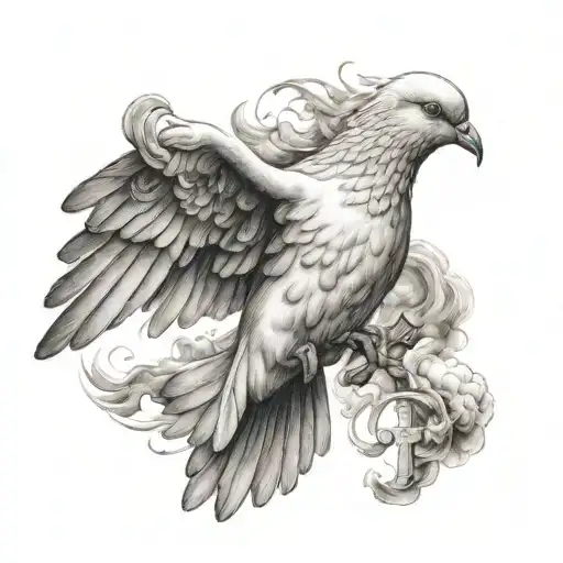 Dove Witha Cross On Its Chest Flying With Smoke Around It