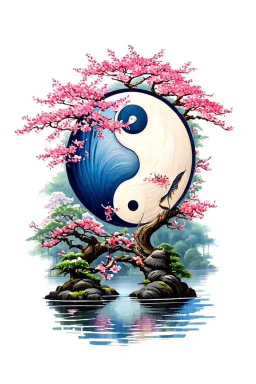 Bent Under A Japanese Cherry Tree With Arms Above A Warrior With A Small Pond 2Ying Yang With Fish