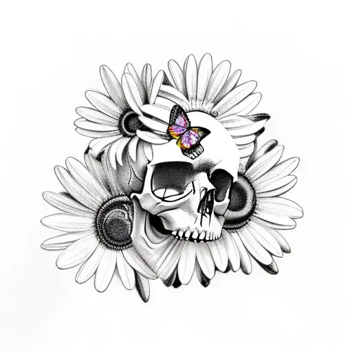 Skull With Daisy Eyes And A Butterfly On The Top Of The Head