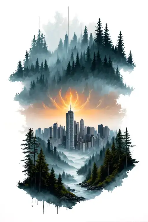 City Skyline Merging Into Forest Scene
