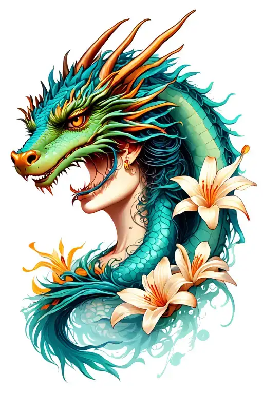 Dragon With Beautiful Woman And Lillies