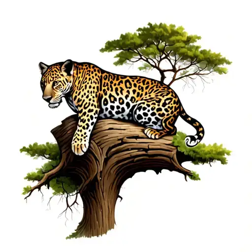 Leopard Resting In Tree With Tree Stump Looking
