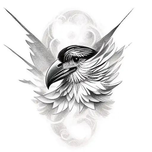 A Bird Similar To A Raven With Spreaded Wings Between Clouds Which Are Directly Around The Bird