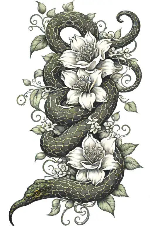 Snake With Flowers And Vines Wrapped Around Thigh