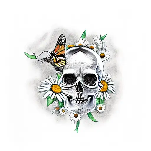 Candy Skull With Daisies For Eyes And A Monarch Butterfly On Top Of The Head