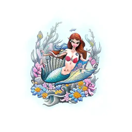 A Traditional Tattoo Of A Swimming Mermaid Holding A Bouquet Of Disney-inspired Flowers