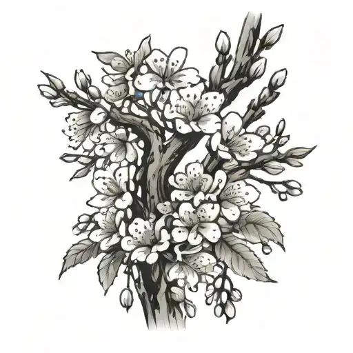 Japanese Flora With Cherry Blossom Tree Branch