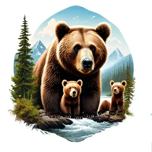 Bear With Three Cubs In A Mountain Decor With A River