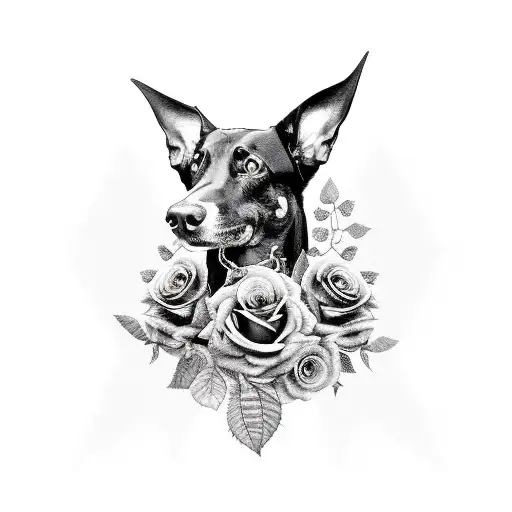 Black And Grey Portrait Of Young Dobermann With Lots Of Roses Around The Neck