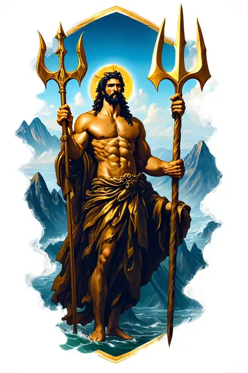 Poseidon Holding The Trident Surrounded My Mountain Range