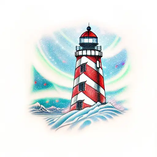 Red And White Candystriped Lighthouse With Northern Lights