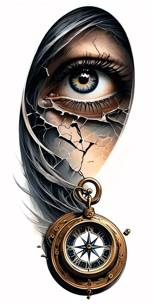 Compass With A Broken Clock Mechanism Intertwined And A Woman's Eye