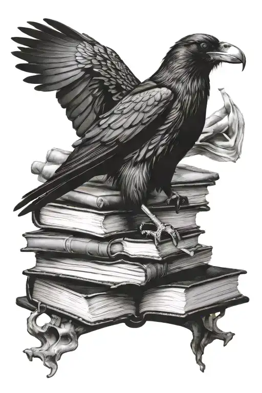 Raven Perched Atop A Pile Open Books