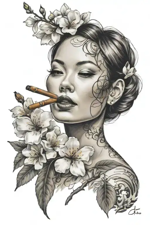 Womans Face & Smoking A Cigar Cherry Blossom Tree