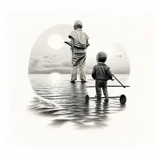 Grandfather And Grandson At Sunset In Stadium