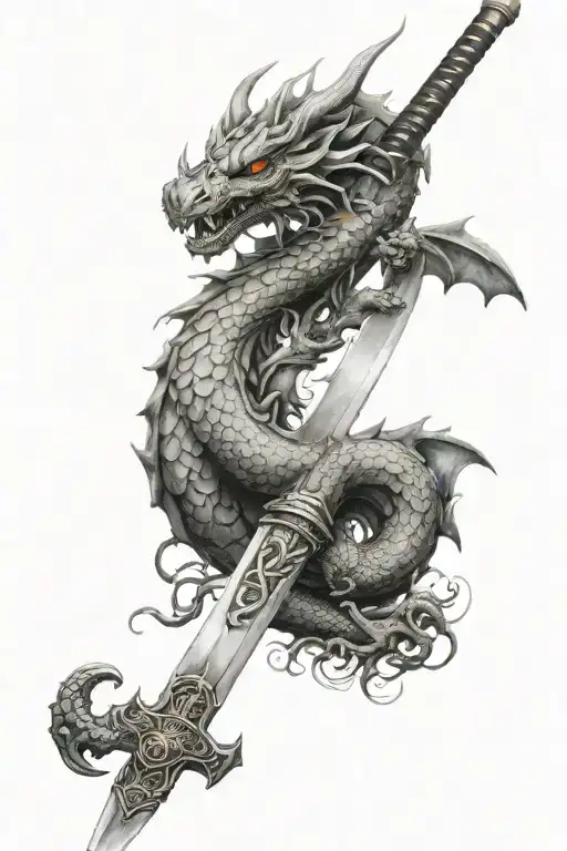 Samuari Sword With A Dragon Tattoo Design Combining