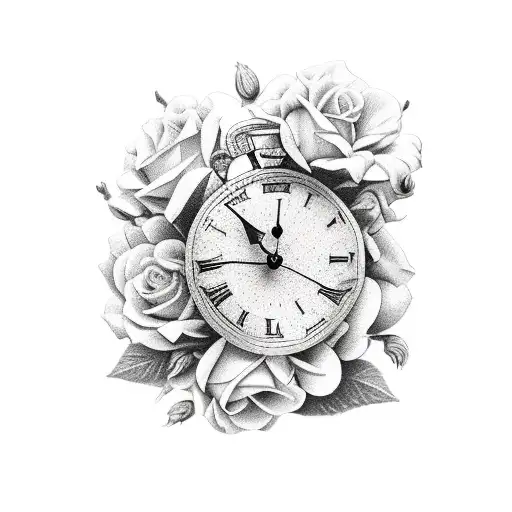 Clock With Aged Appearance Surrounded By Flowers And Shadows