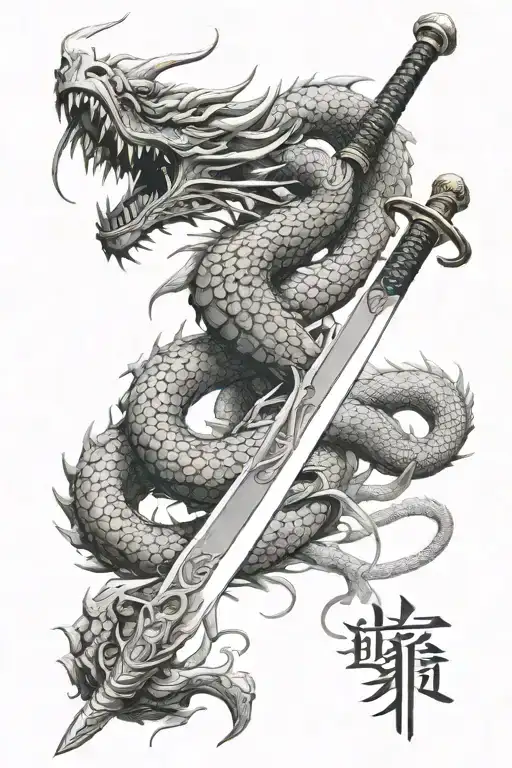 Samuari Sword With A Dragon Tattoo Design Combining