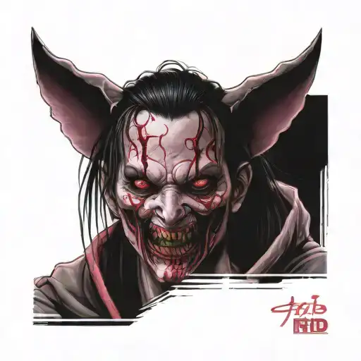 A Realistic Portrait Of A Famous Horror Manga Character In Shades Of Red And Pink