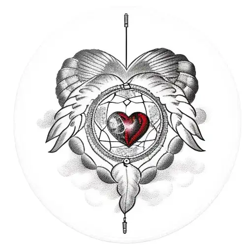 Realistic Heart In A Tribal Dreamcatcher With A Devil On One Side And An Angel On The Other