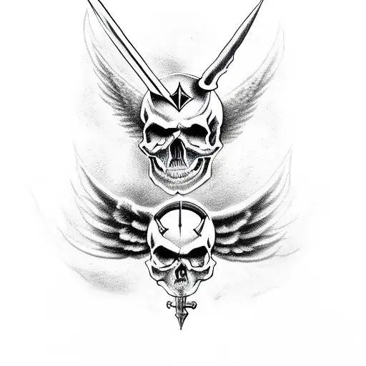 Skull With Small Devil Horns With A Sword Through It Being Held By A Angel