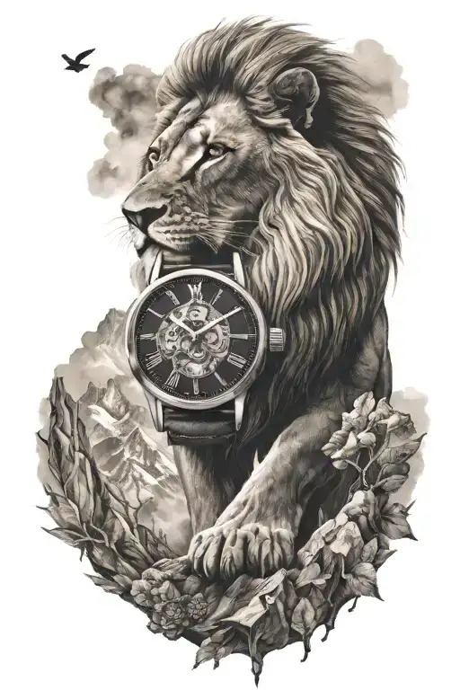 Proud Lion Standing On Mountain With Watch Surrounded