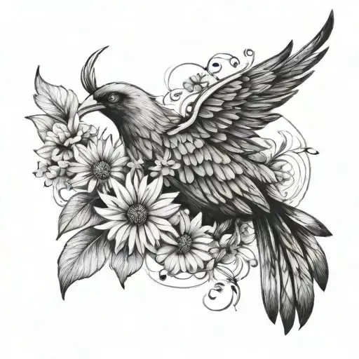 Small Minimalistic Black And White Phoenix With Wild Flowers Around It On The Collarbone
