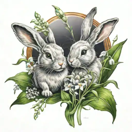 Big Bunny And Little Bunny Running In A Field Of Lily Of The Valley Flowers