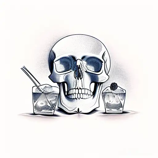 A Cocktail Glass With Skull Ice Cubes And A Cherry