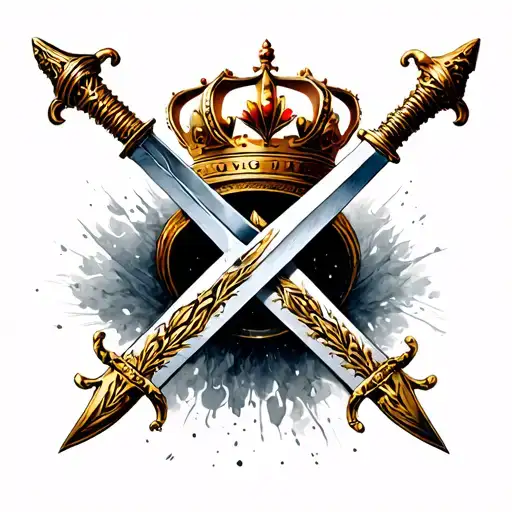 Two Swords Crossed Downwards With A Royal Scepter In The Middle Passing Through A Crown