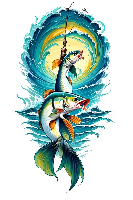 Fiahing Pole With Briggs In Lure Surrounded By Swirling Waves