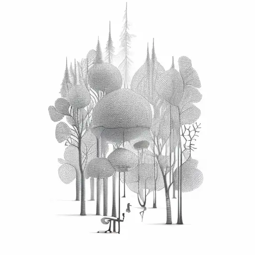 A Mystical Forest With Floating Books And Musical Instruments