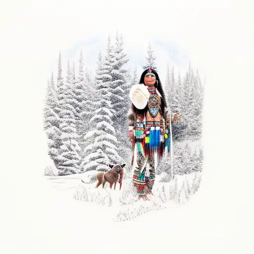 American Indian Girl In Forest With River